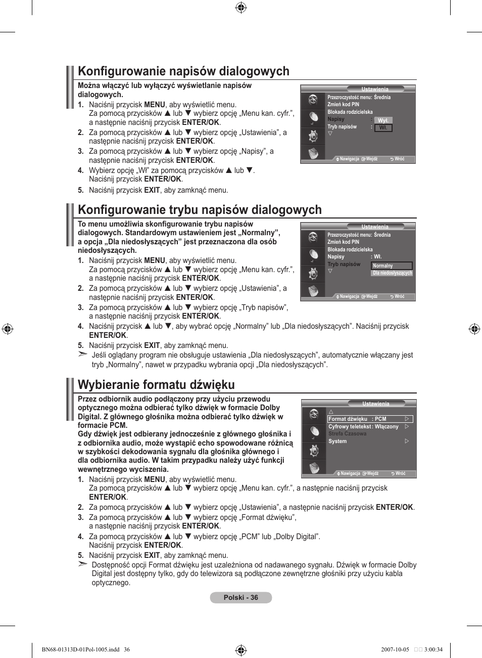 Konfigurowanie napisów dialogowych, Konfigurowanie trybu napisów dialogowych, Wybieranie formatu dźwięku | Samsung LE70F96BD User Manual | Page 166 / 578
