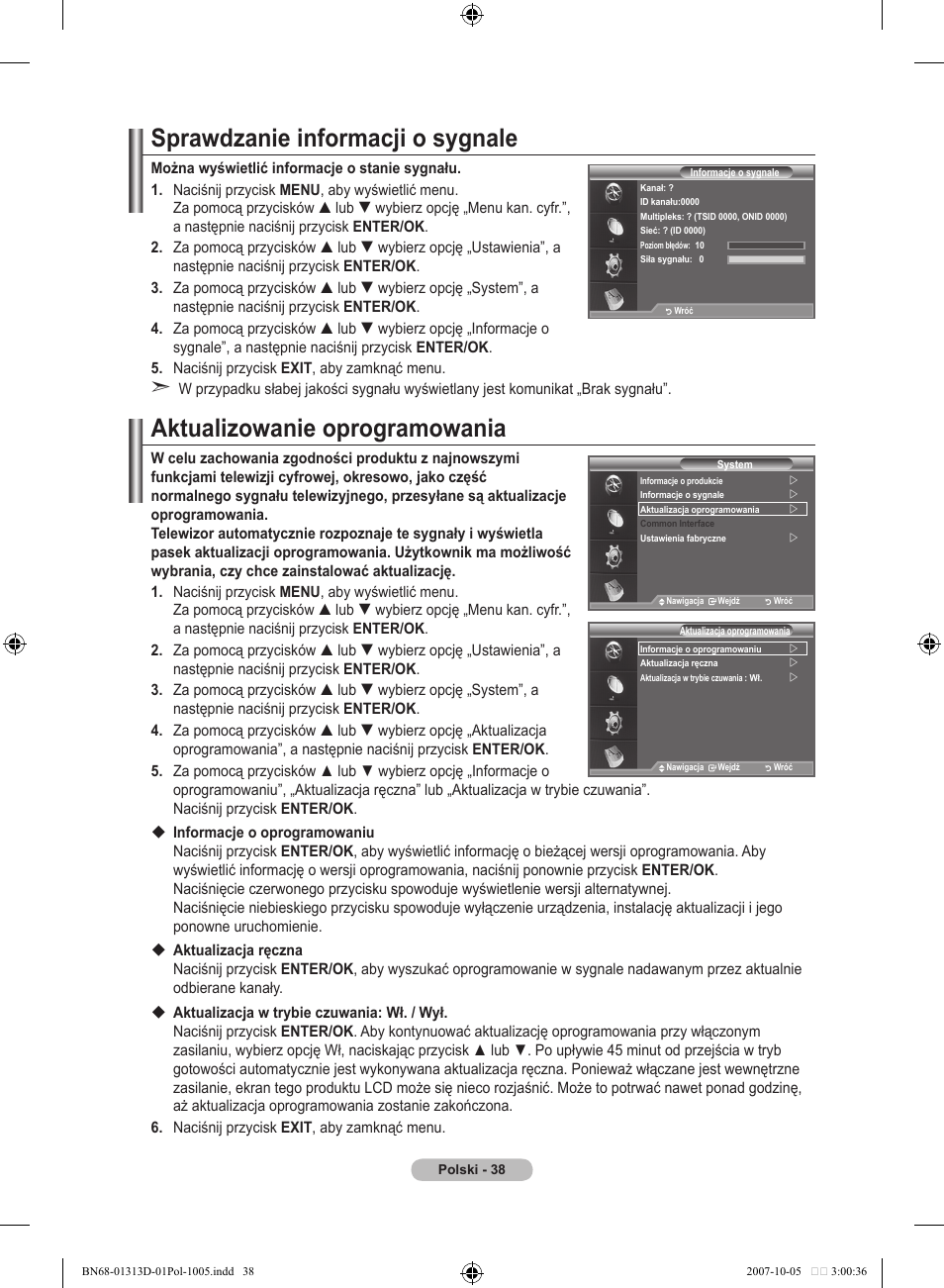 Sprawdzanie informacji o sygnale, Aktualizowanie oprogramowania | Samsung LE70F96BD User Manual | Page 168 / 578