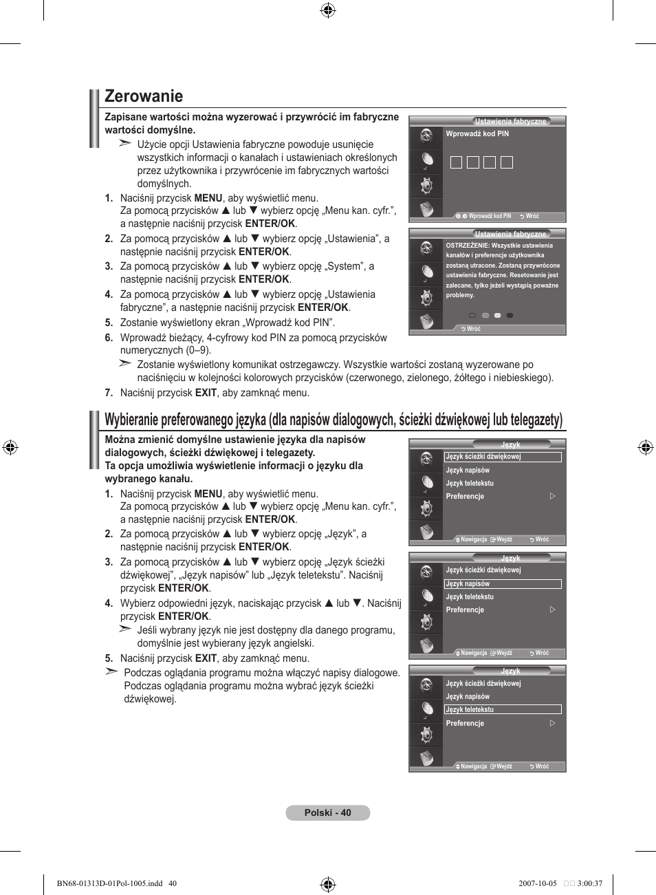 Zerowanie | Samsung LE70F96BD User Manual | Page 170 / 578