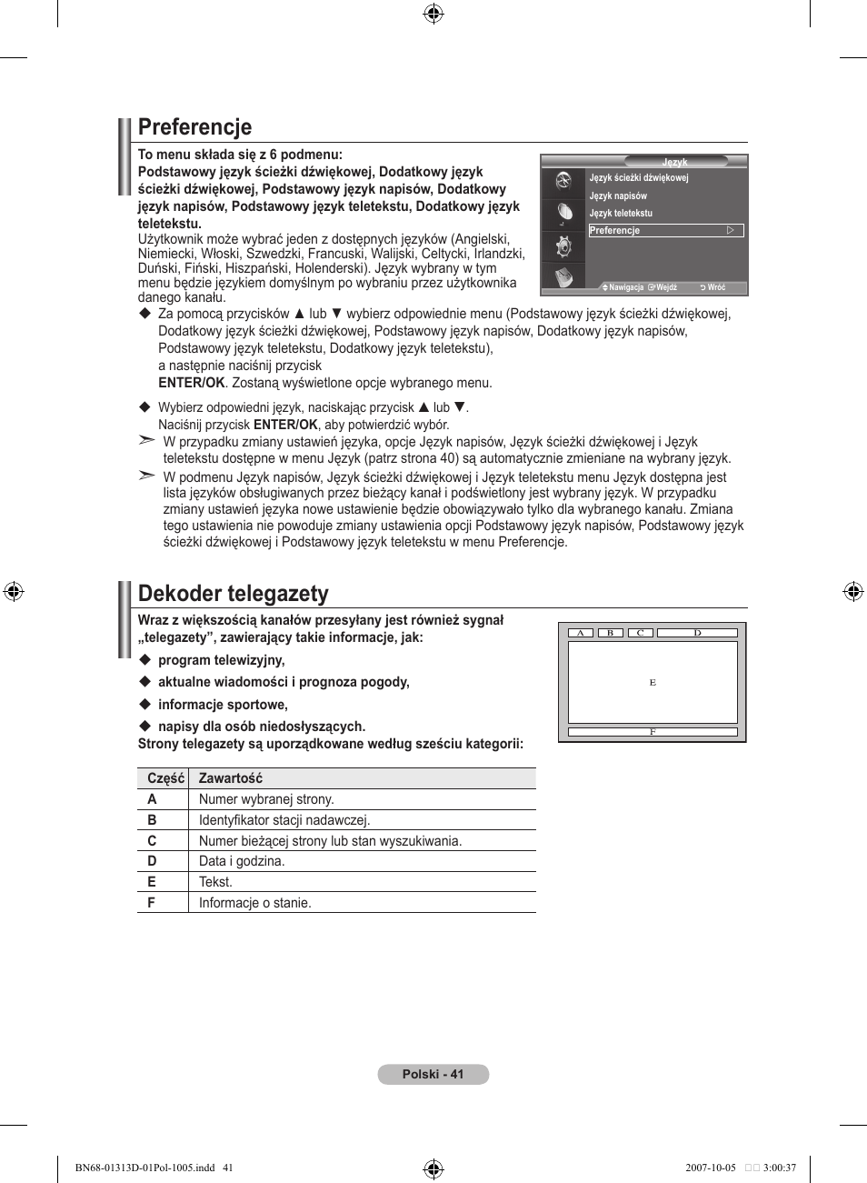Preferencje, Dekoder telegazety | Samsung LE70F96BD User Manual | Page 171 / 578