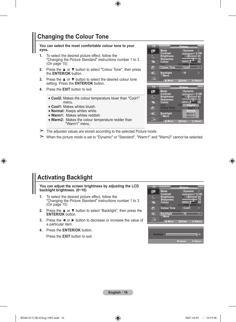 Changing the colour tone, Activating backlight | Samsung LE70F96BD User Manual | Page 18 / 578