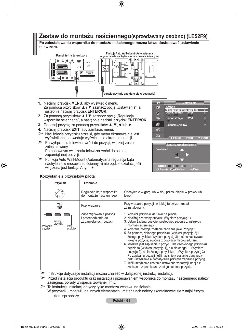 Zestaw do montażu naściennego, Sprzedawany osobno) (le5f9) | Samsung LE70F96BD User Manual | Page 191 / 578