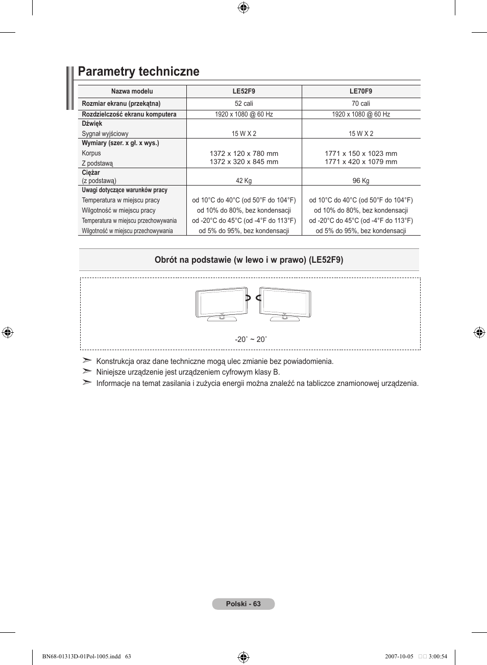 Parametry techniczne | Samsung LE70F96BD User Manual | Page 193 / 578