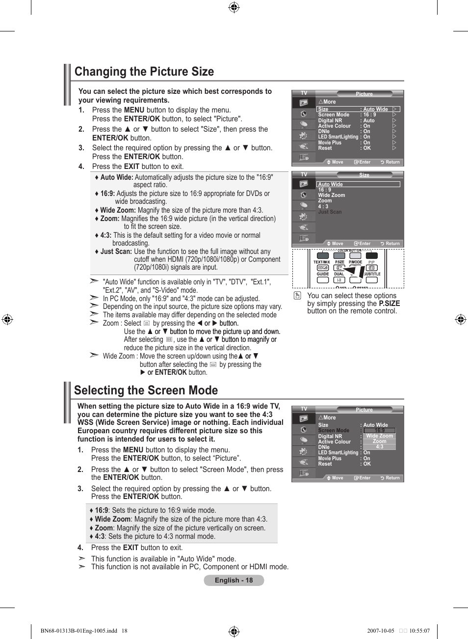 Changing the picture size, Selecting the screen mode | Samsung LE70F96BD User Manual | Page 20 / 578