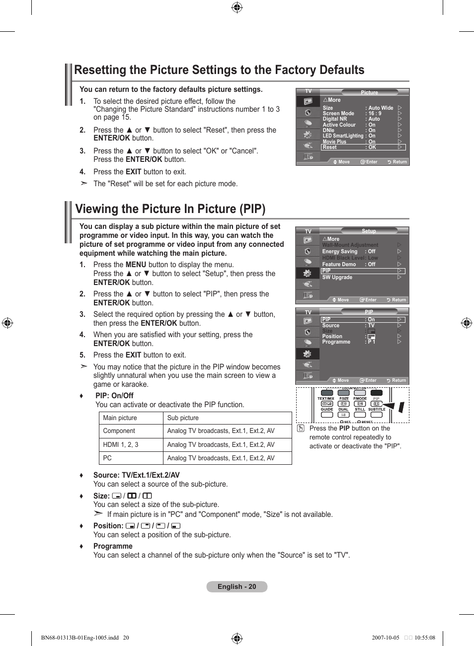 Viewing the picture in picture (pip) | Samsung LE70F96BD User Manual | Page 22 / 578