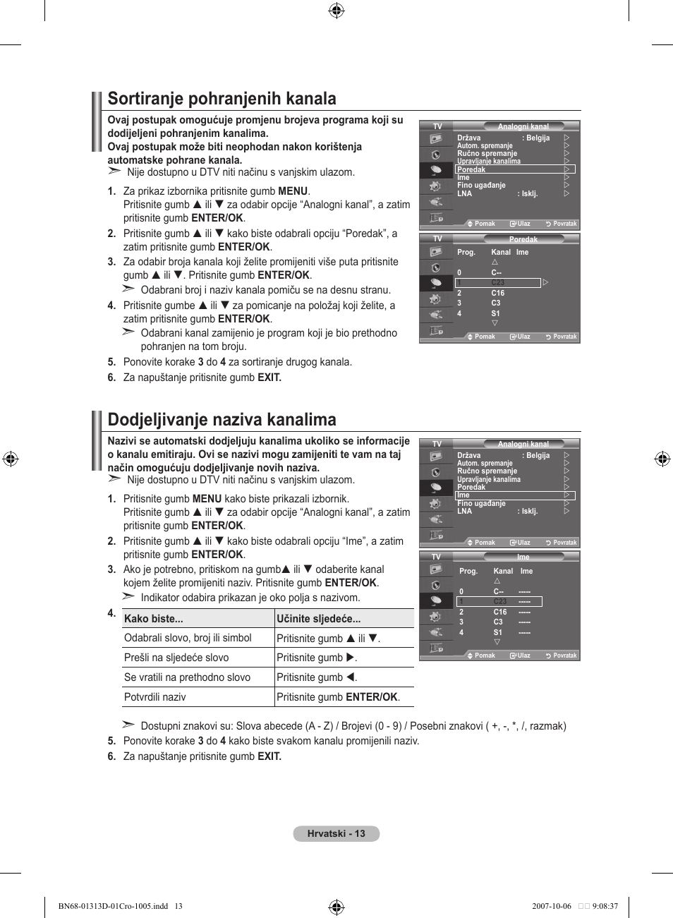 Sortiranje pohranjenih kanala, Dodjeljivanje naziva kanalima | Samsung LE70F96BD User Manual | Page 335 / 578