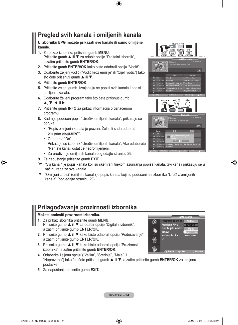 Pregled svih kanala i omiljenih kanala, Prilagođavanje prozirnosti izbornika | Samsung LE70F96BD User Manual | Page 356 / 578