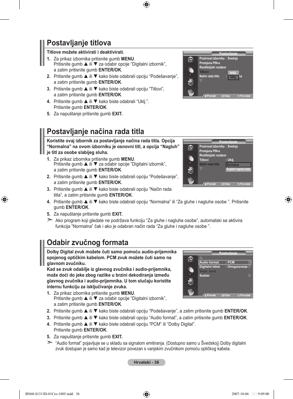 Postavljanje titlova, Postavljanje načina rada titla, Odabir zvučnog formata | Samsung LE70F96BD User Manual | Page 358 / 578