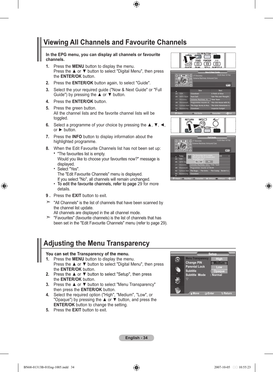 Viewing all channels and favourite channels, Adjusting the menu transparency | Samsung LE70F96BD User Manual | Page 36 / 578