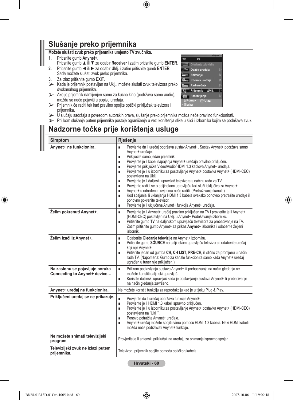 Slušanje preko prijemnika, Nadzorne točke prije korištenja usluge | Samsung LE70F96BD User Manual | Page 382 / 578