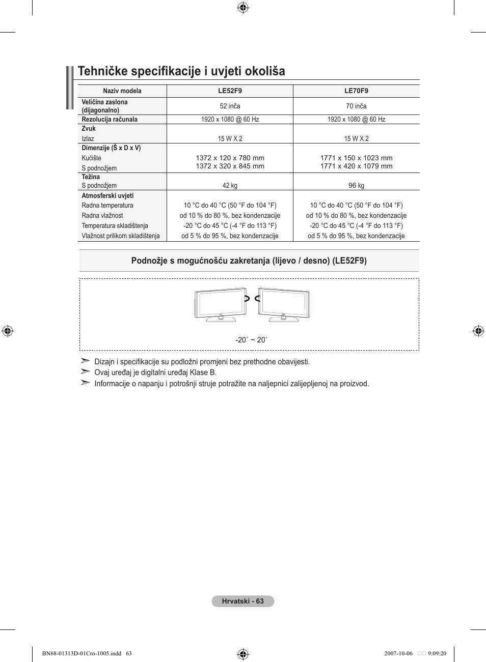 Tehničke specifikacije i uvjeti okoliša | Samsung LE70F96BD User Manual | Page 385 / 578
