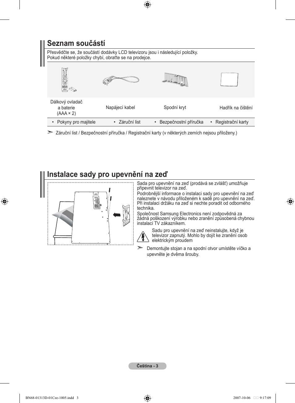 Seznam součástí, Instalace sady pro upevnění na zeď | Samsung LE70F96BD User Manual | Page 389 / 578