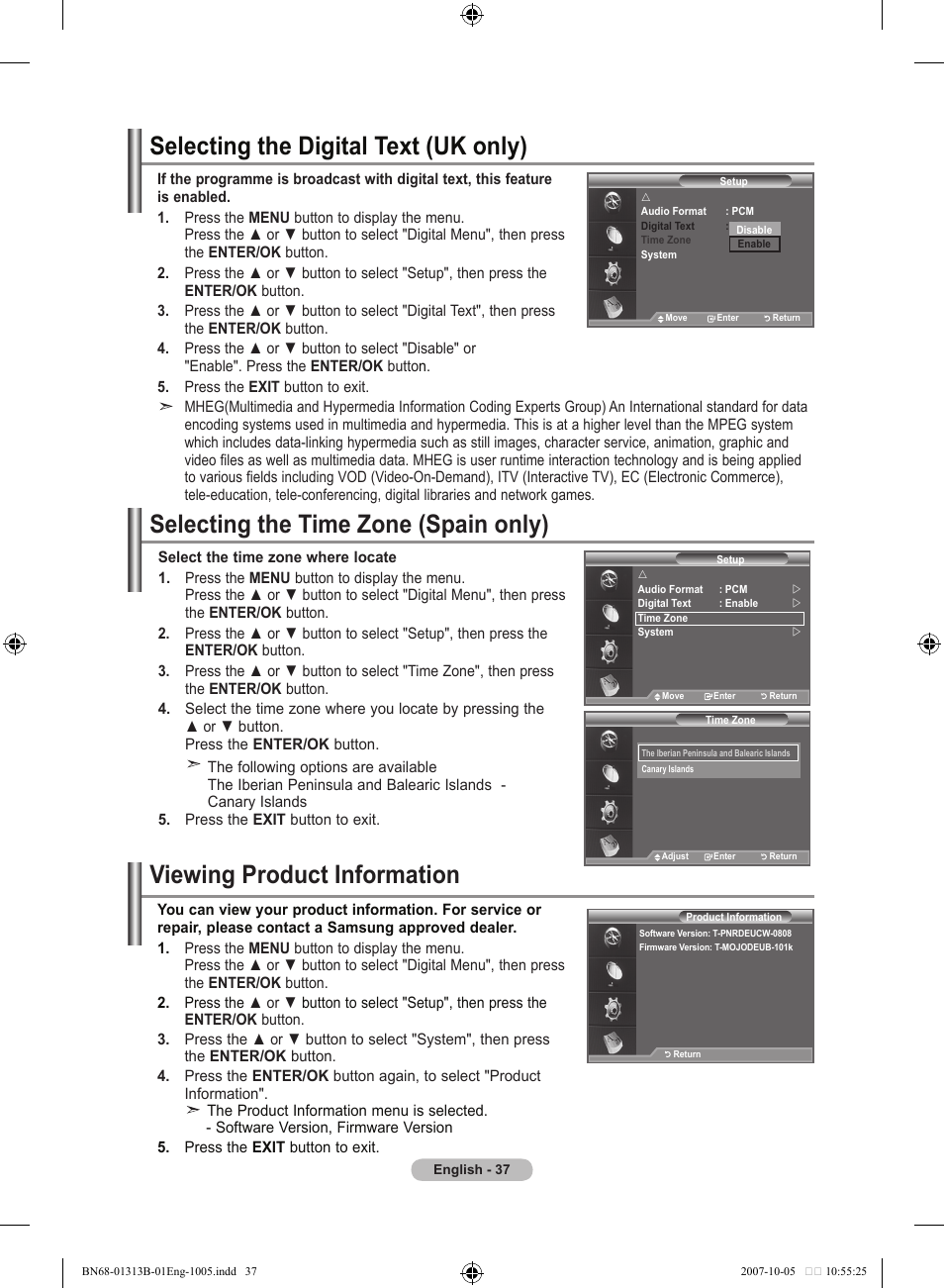 Selecting the digital text (uk only), Selecting the time zone (spain only), Viewing product information | Samsung LE70F96BD User Manual | Page 39 / 578