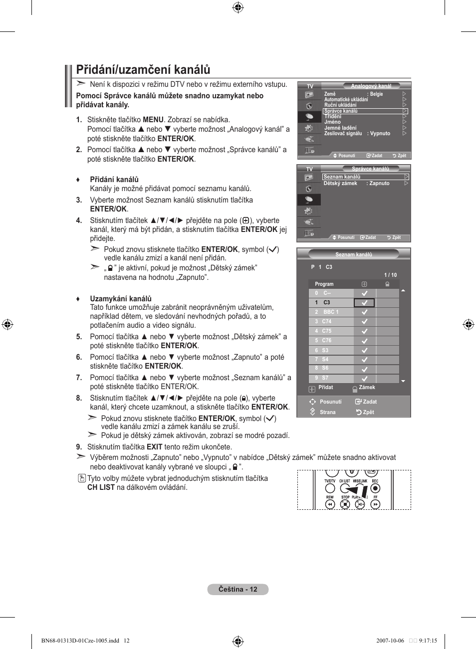 Přidání/uzamčení kanálů | Samsung LE70F96BD User Manual | Page 398 / 578