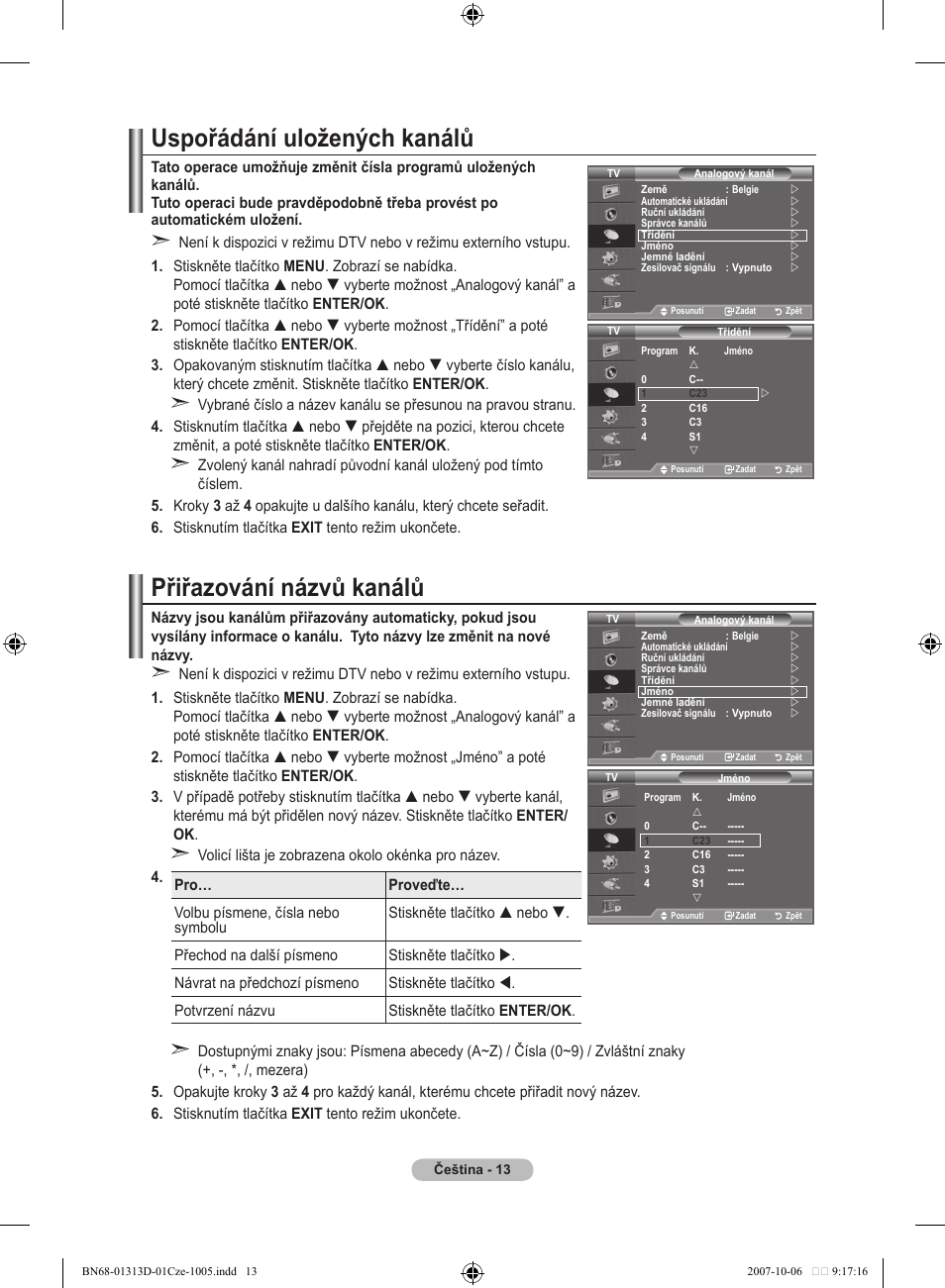 Uspořádání uložených kanálů, Přiřazování názvů kanálů | Samsung LE70F96BD User Manual | Page 399 / 578