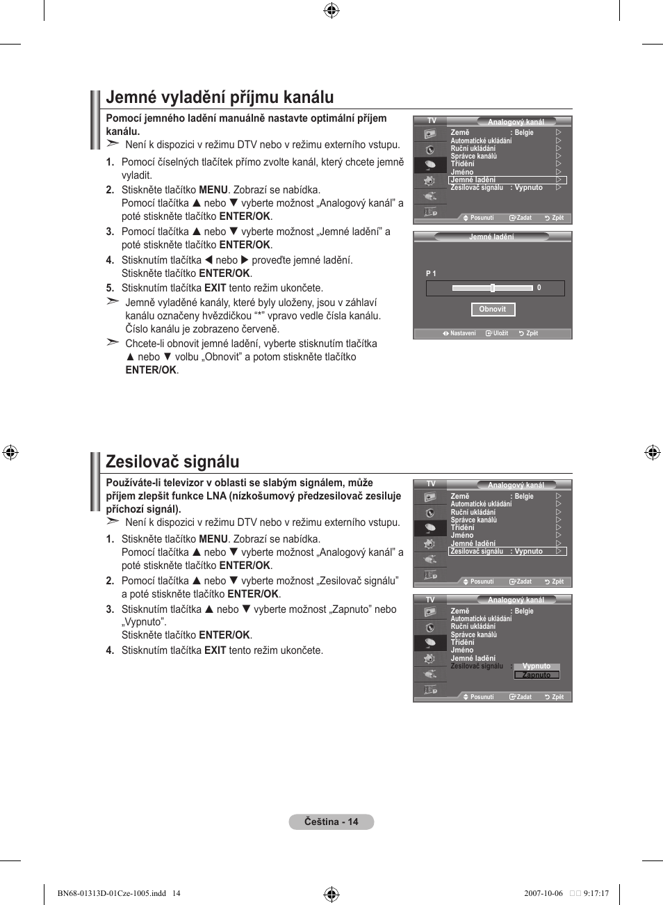 Jemné vyladění příjmu kanálu, Zesilovač signálu | Samsung LE70F96BD User Manual | Page 400 / 578