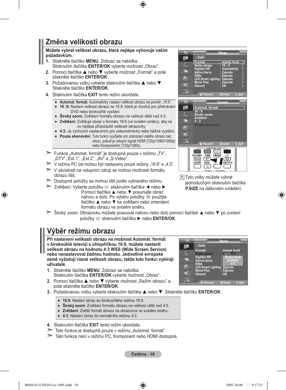 Změna velikosti obrazu, Výběr režimu obrazu | Samsung LE70F96BD User Manual | Page 404 / 578