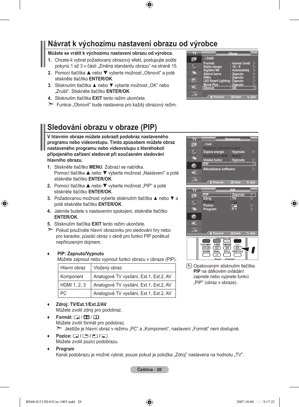 Sledování obrazu v obraze (pip), Návrat k výchozímu nastavení obrazu od výrobce | Samsung LE70F96BD User Manual | Page 406 / 578