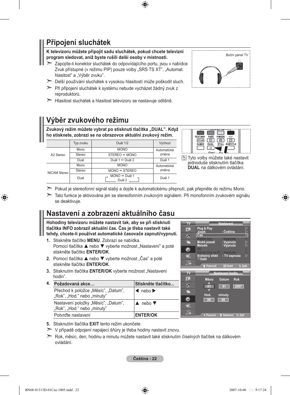Připojení sluchátek, Výběr zvukového režimu, Nastavení a zobrazení aktuálního času | Samsung LE70F96BD User Manual | Page 408 / 578