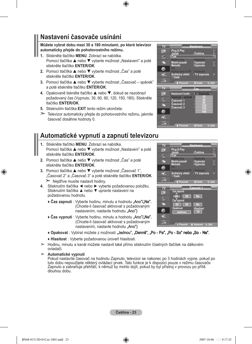 Nastavení časovače usínání, Automatické vypnutí a zapnutí televizoru | Samsung LE70F96BD User Manual | Page 409 / 578