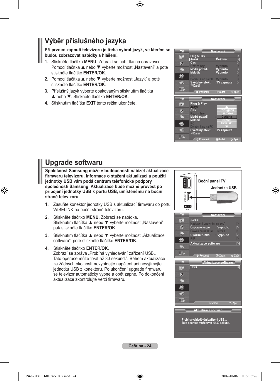 Výběr příslušného jazyka, Upgrade softwaru | Samsung LE70F96BD User Manual | Page 410 / 578