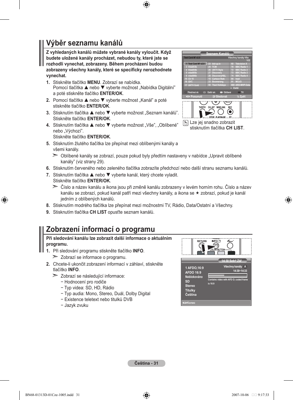 Výběr seznamu kanálů, Zobrazení informací o programu | Samsung LE70F96BD User Manual | Page 417 / 578