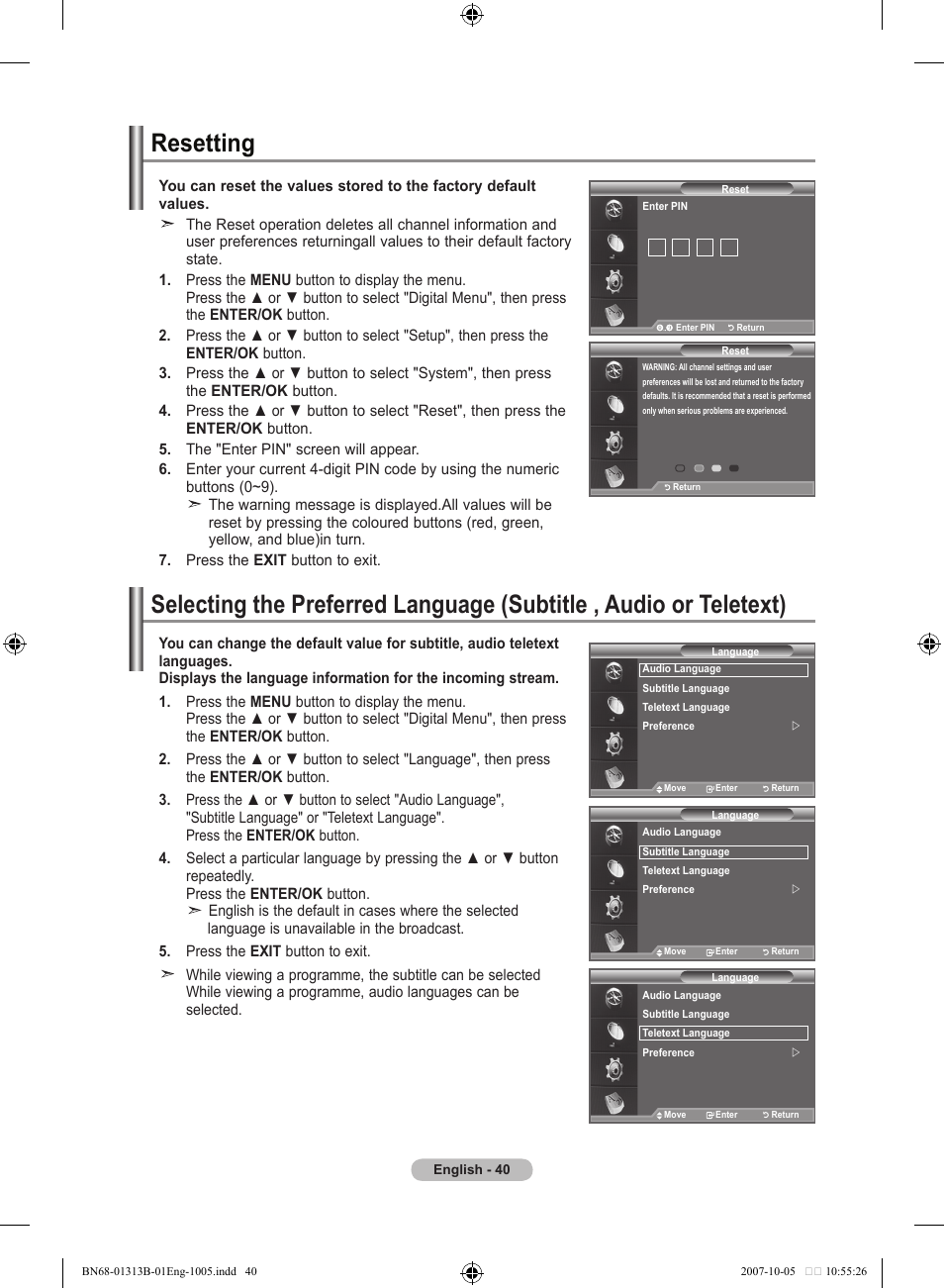 Resetting | Samsung LE70F96BD User Manual | Page 42 / 578