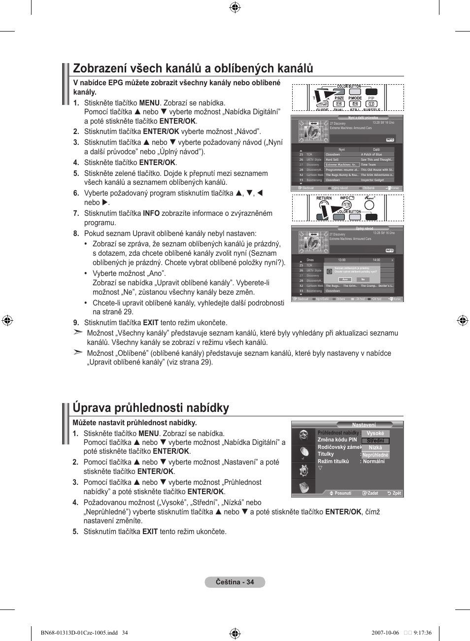 Zobrazení všech kanálů a oblíbených kanálů, Úprava průhlednosti nabídky | Samsung LE70F96BD User Manual | Page 420 / 578