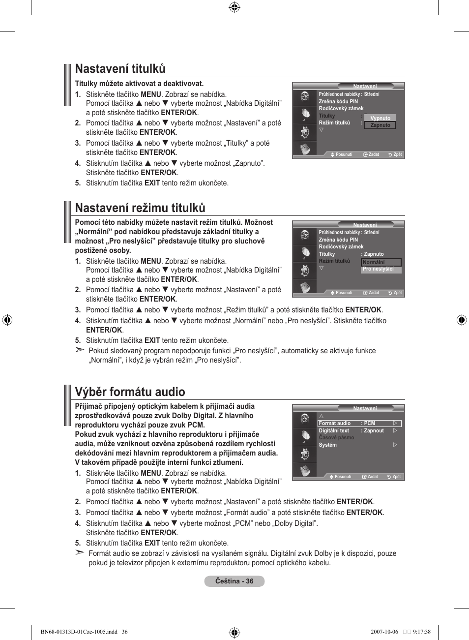 Nastavení titulků, Nastavení režimu titulků, Výběr formátu audio | Samsung LE70F96BD User Manual | Page 422 / 578