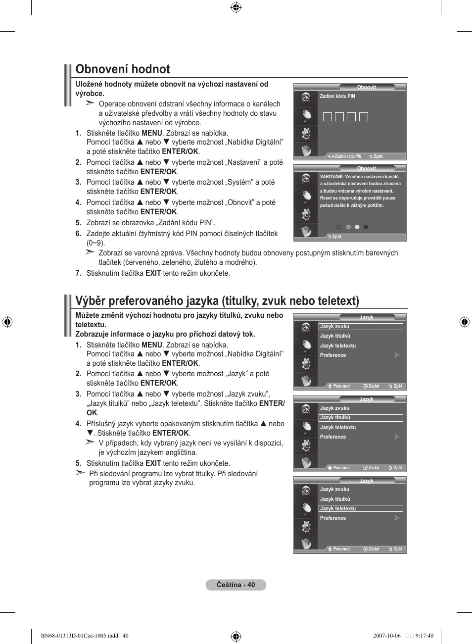 Obnovení hodnot | Samsung LE70F96BD User Manual | Page 426 / 578