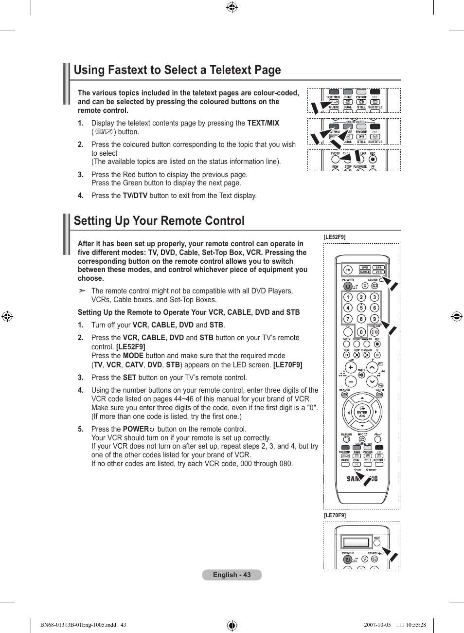 Setting up your remote control, Using fastext to select a teletext page | Samsung LE70F96BD User Manual | Page 45 / 578