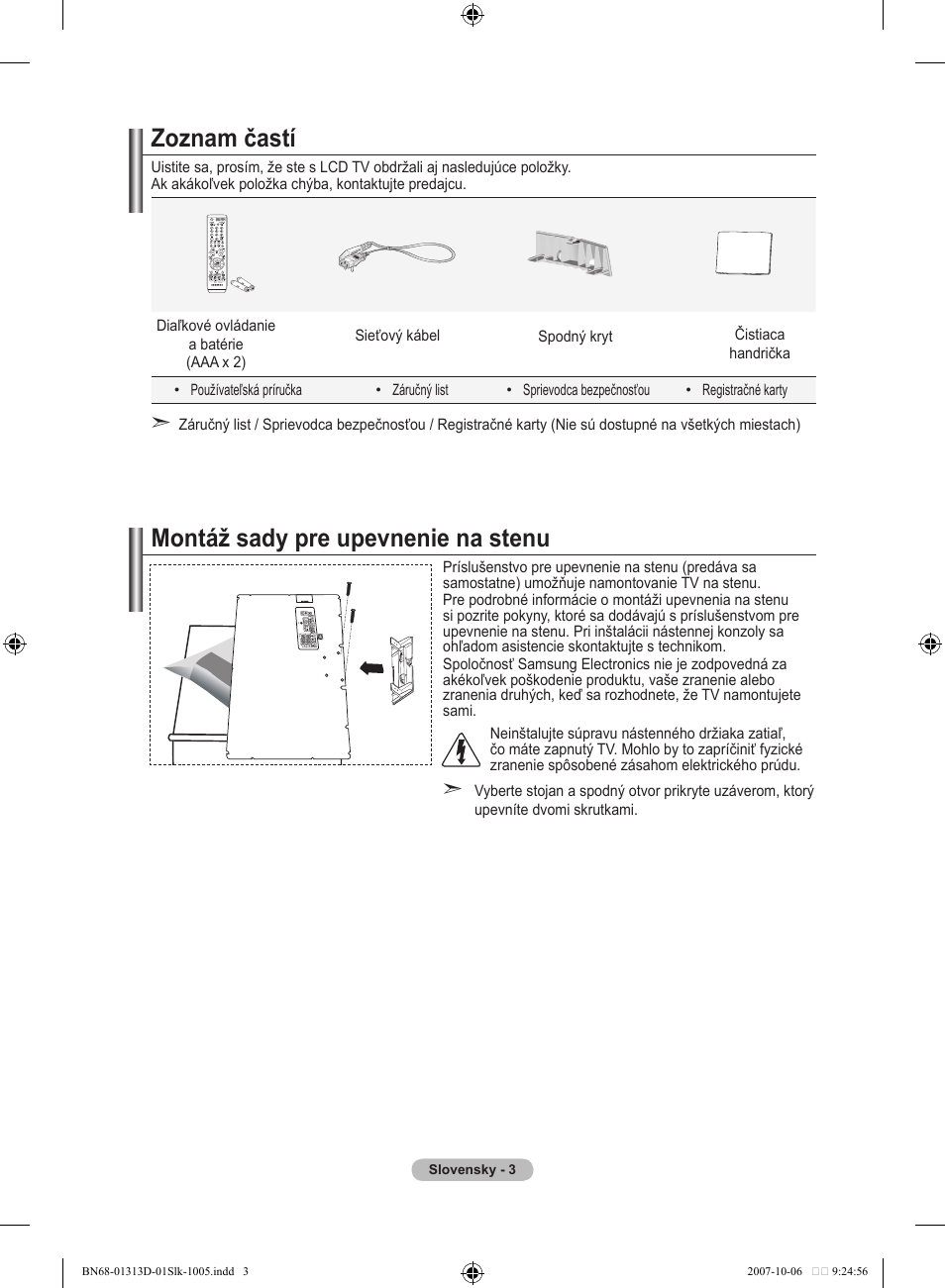 Zoznam častí, Montáž sady pre upevnenie na stenu | Samsung LE70F96BD User Manual | Page 453 / 578