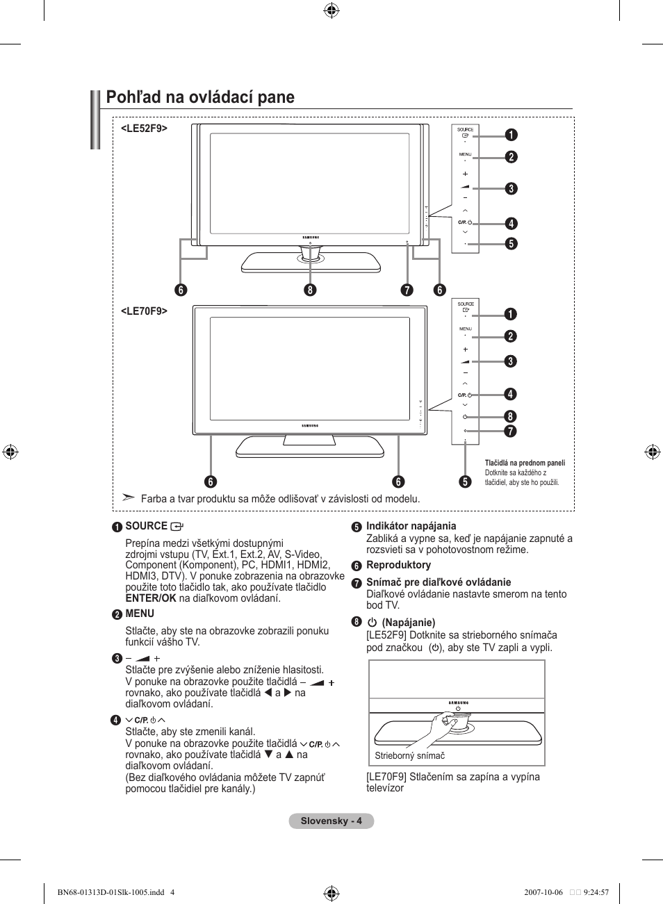 Pohľad na ovládací pane | Samsung LE70F96BD User Manual | Page 454 / 578