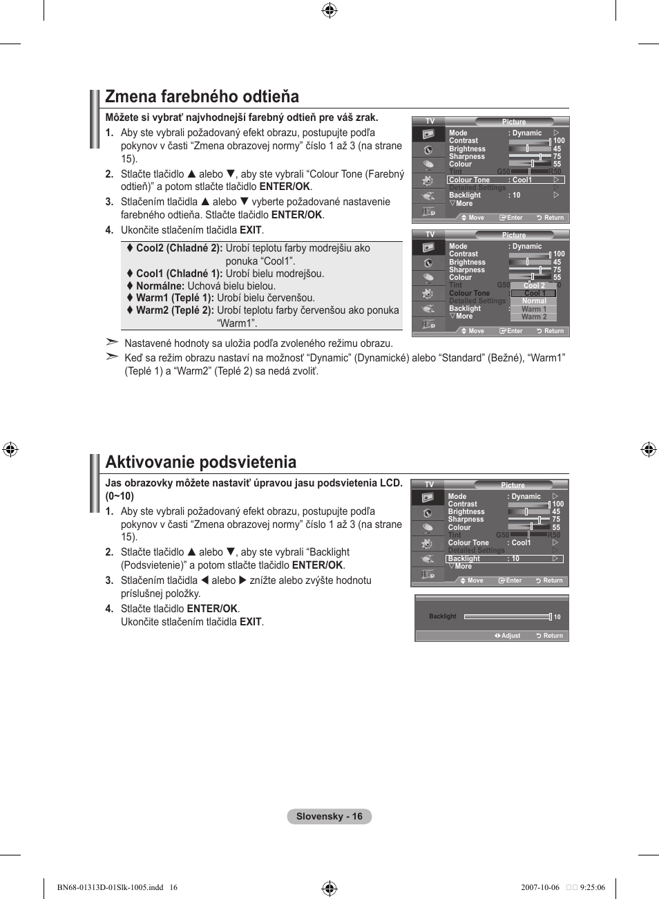 Zmena farebného odtieňa, Aktivovanie podsvietenia | Samsung LE70F96BD User Manual | Page 466 / 578