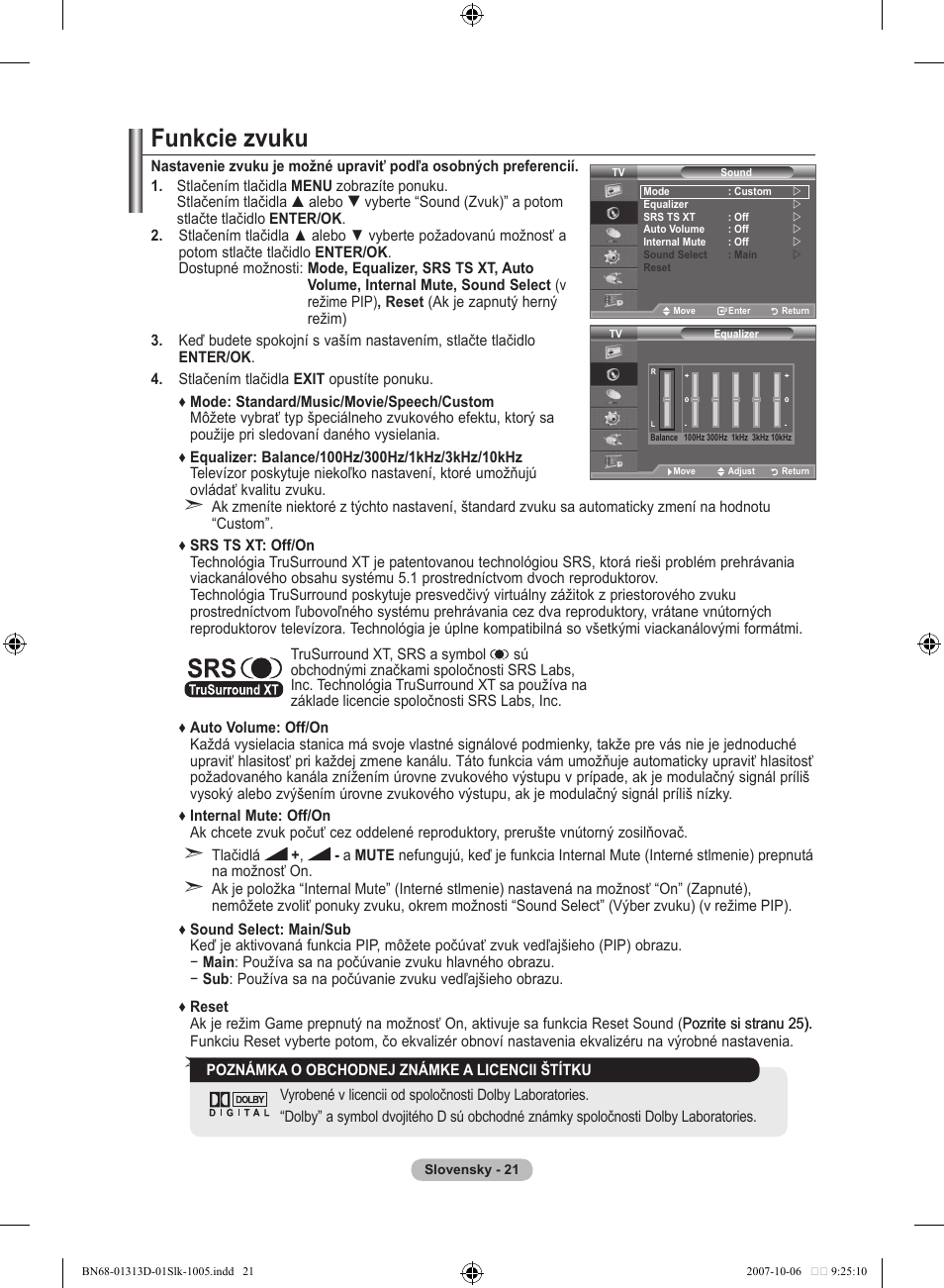 Funkcie zvuku | Samsung LE70F96BD User Manual | Page 471 / 578