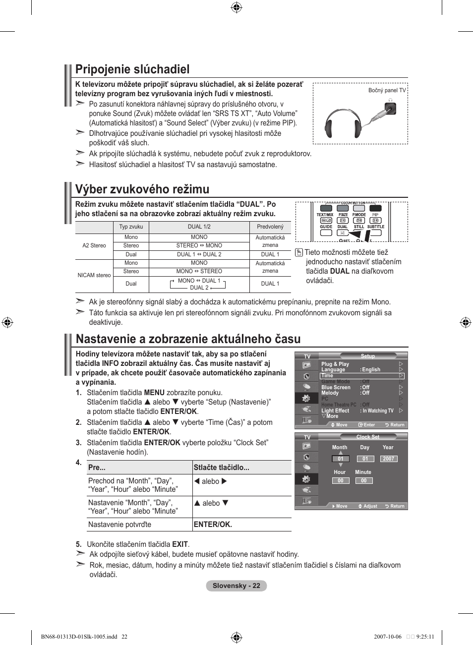 Pripojenie slúchadiel, Výber zvukového režimu, Nastavenie a zobrazenie aktuálneho času | Samsung LE70F96BD User Manual | Page 472 / 578