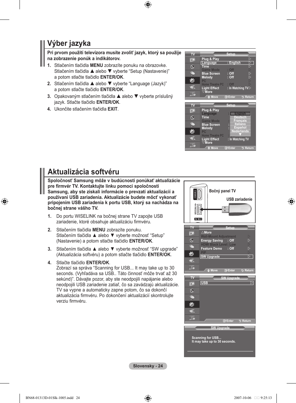 Výber jazyka, Aktualizácia softvéru | Samsung LE70F96BD User Manual | Page 474 / 578