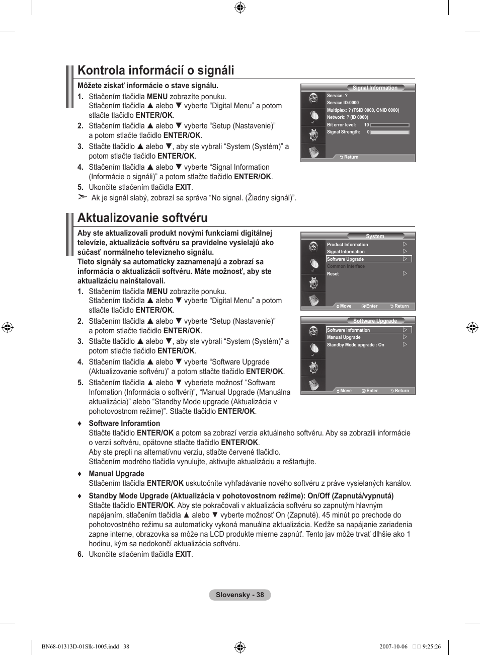 Kontrola informácií o signáli, Aktualizovanie softvéru | Samsung LE70F96BD User Manual | Page 488 / 578