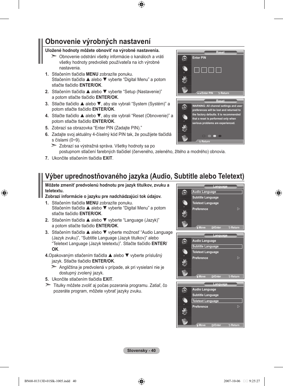 Obnovenie výrobných nastavení | Samsung LE70F96BD User Manual | Page 490 / 578