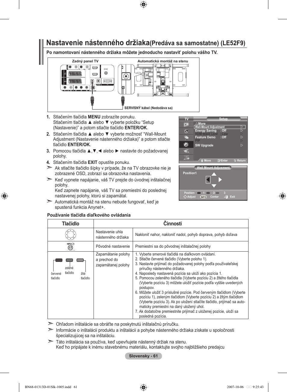 Nastavenie nástenného držiaka, Predáva sa samostatne) (le5f9), Tlačidlo činnosti | Samsung LE70F96BD User Manual | Page 511 / 578