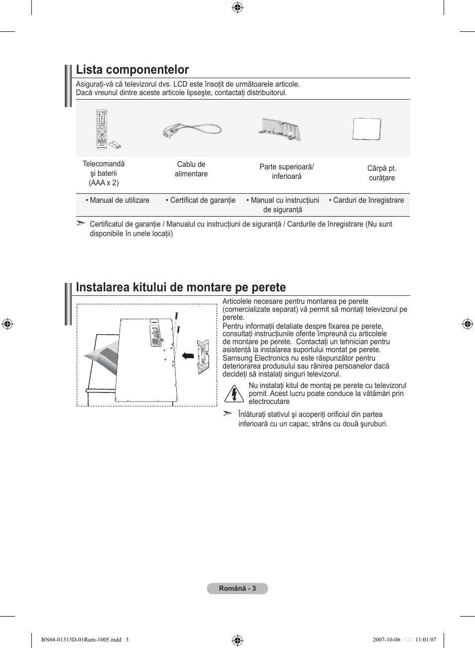 Lista componentelor, Instalarea kitului de montare pe perete | Samsung LE70F96BD User Manual | Page 517 / 578