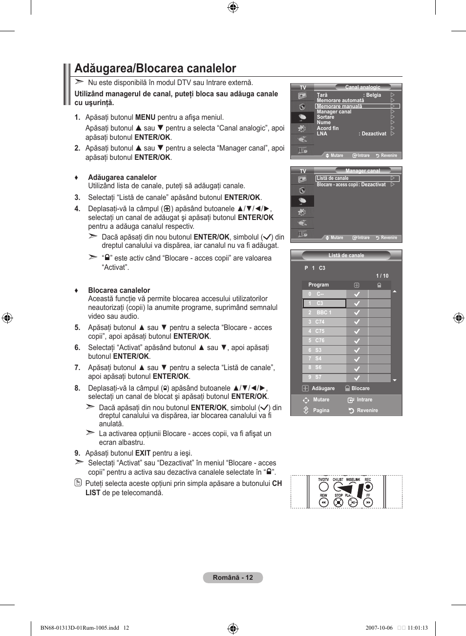 Adăugarea/blocarea canalelor | Samsung LE70F96BD User Manual | Page 526 / 578