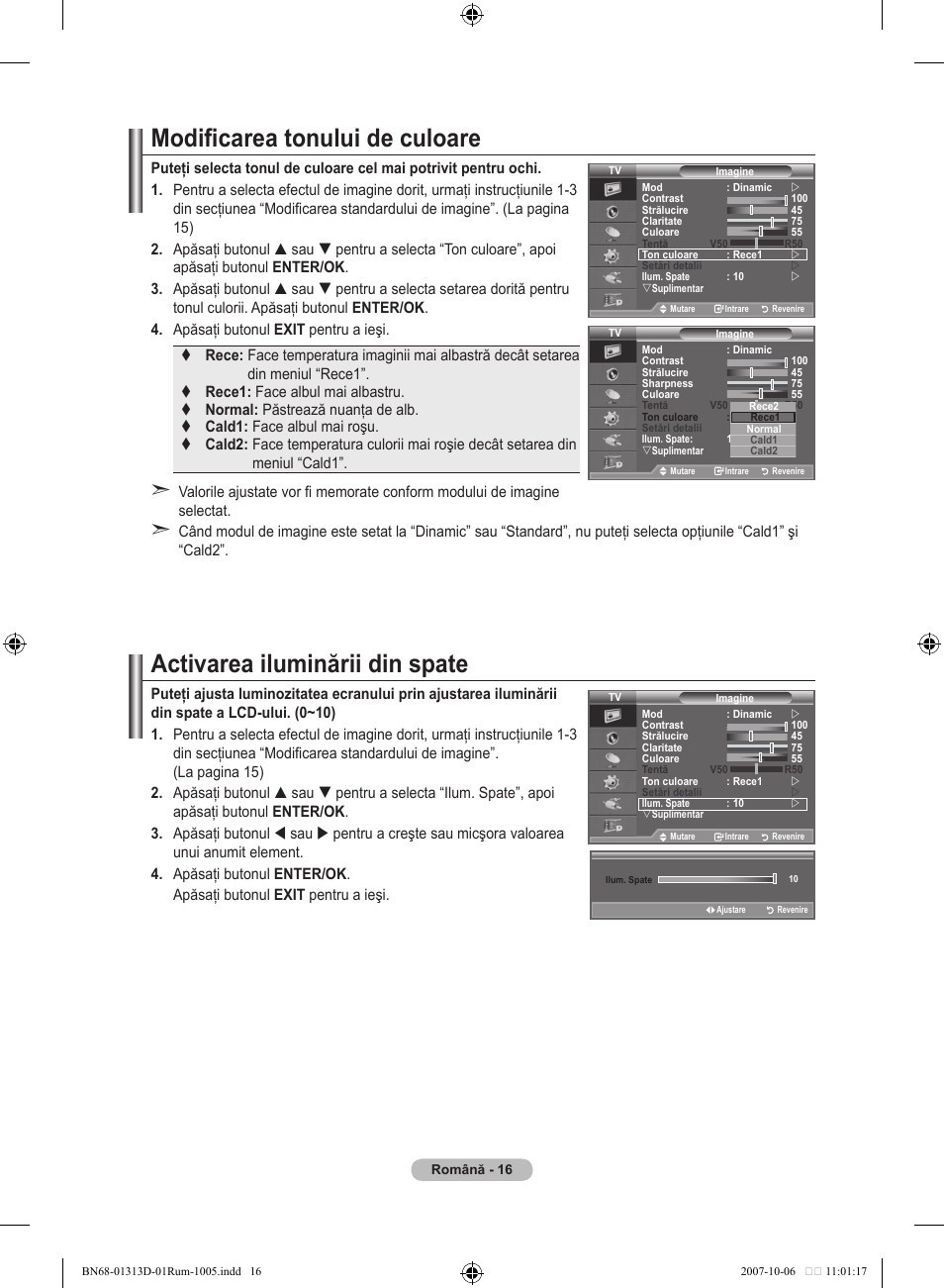 Modificarea tonului de culoare, Activarea iluminării din spate | Samsung LE70F96BD User Manual | Page 530 / 578