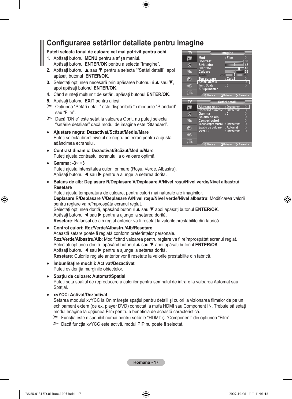 Configurarea setărilor detaliate pentru imagine | Samsung LE70F96BD User Manual | Page 531 / 578