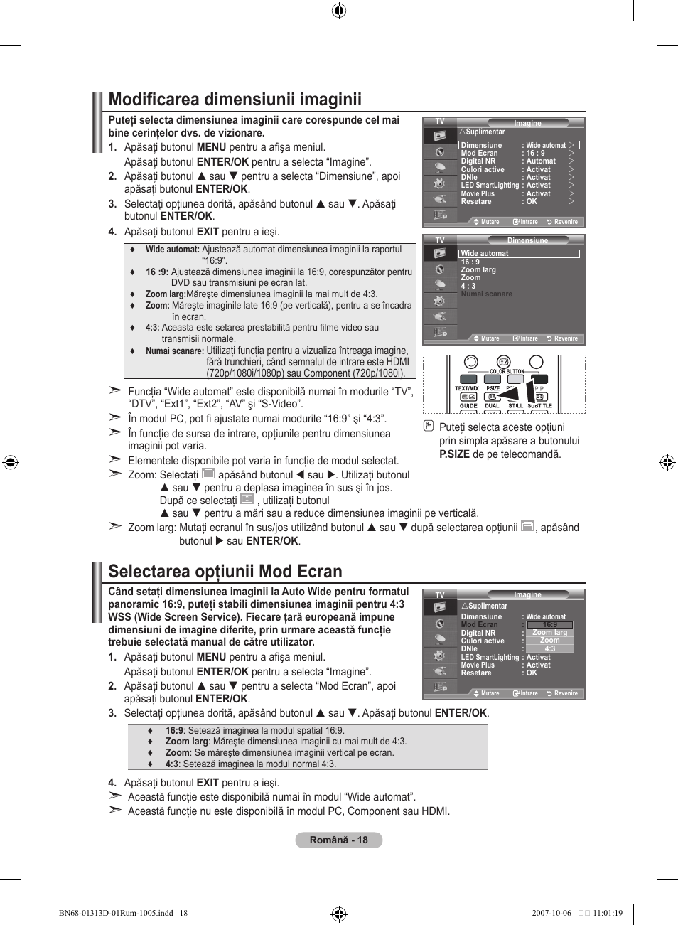Modificarea dimensiunii imaginii, Selectarea opţiunii mod ecran | Samsung LE70F96BD User Manual | Page 532 / 578