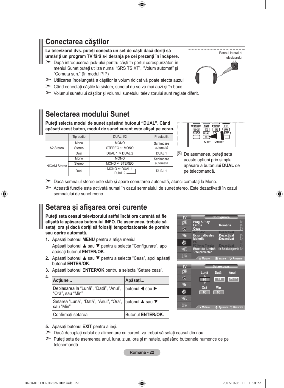 Conectarea căştilor, Selectarea modului sunet, Setarea şi afişarea orei curente | Samsung LE70F96BD User Manual | Page 536 / 578