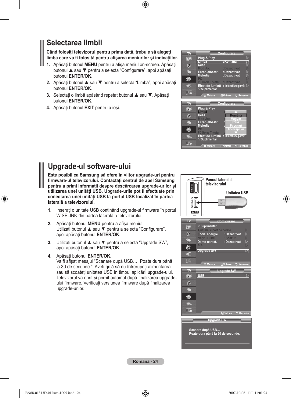 Selectarea limbii, Upgrade-ul software-ului | Samsung LE70F96BD User Manual | Page 538 / 578