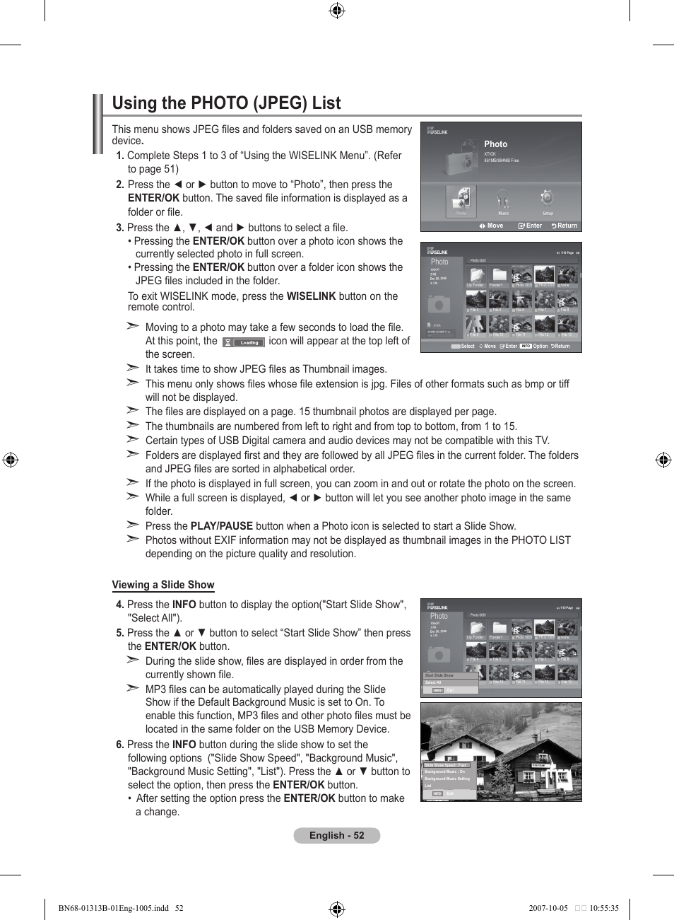 Using the photohoto (jpeg) list, Using the photo (jpeg) list | Samsung LE70F96BD User Manual | Page 54 / 578