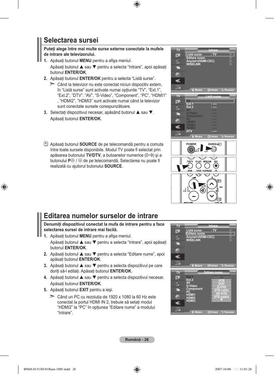 Selectarea sursei, Editarea numelor surselor de intrare | Samsung LE70F96BD User Manual | Page 540 / 578
