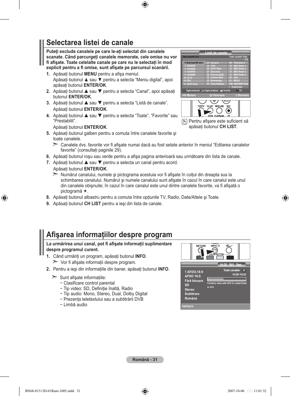 Selectarea listei de canale, Afişarea informaţiilor despre program | Samsung LE70F96BD User Manual | Page 545 / 578